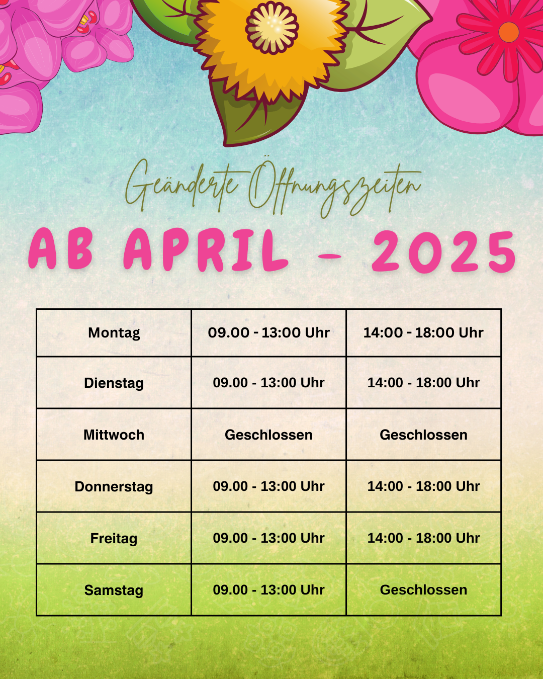Geanderte Offnungszeiten